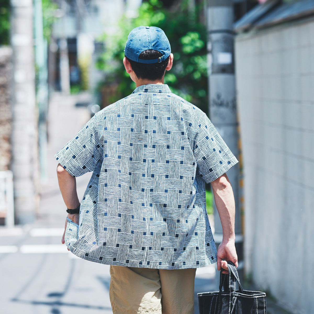 晒シャツ 半袖 あじろ格子 黒 XL